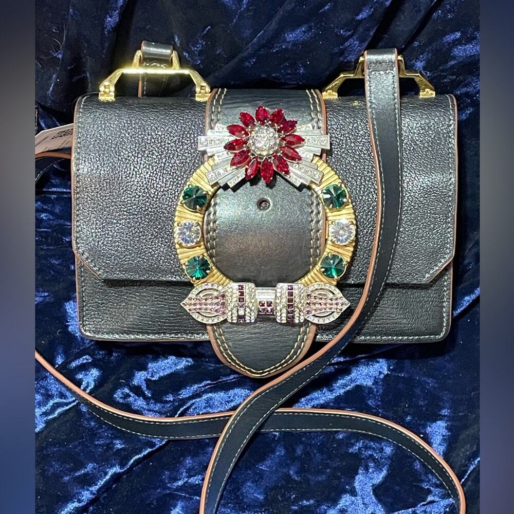 Miu Miu Rhinestone Floral Black Leather shoulder bag / Cross Body Bag with COA